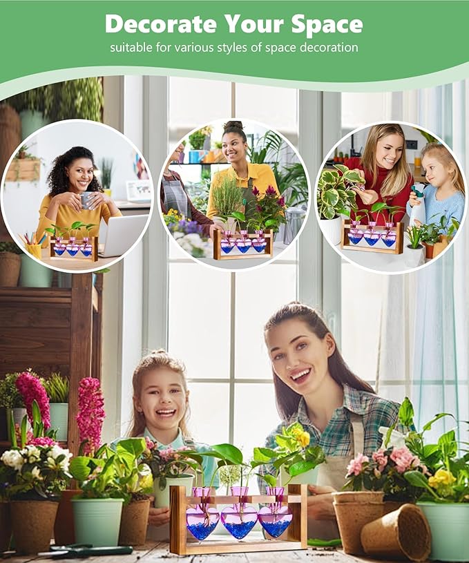 Nacome Plant Terrarium Propagation Stations: Christmas Gifts for Plant Lovers Women Mom Wife - Wooden Stand Tabletop Planter 3 Bulb Glass Vase Heart Shaped for Hydroponics Indoor Home Decor(Purple)