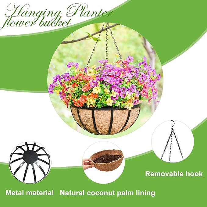 14 Inch Metal Hanging Planter Basket with Coconut Fiber Liner Hanging Plant Flower Pot for Home Garden Patio Decoration,Metal Flat Iron Pattern, 4 Pack