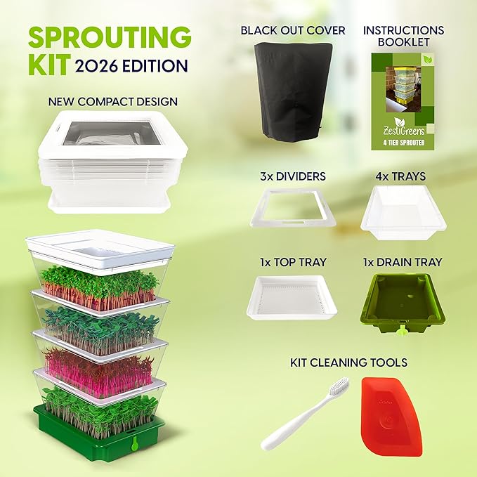 ZESTIGREENS 4-Tier Sprouting Kit with Drain Spout – Stackable Seed Sprouter Trays for Growing Fresh Sprouts at Home – BPA-Free, Easy Rinse & Drain System