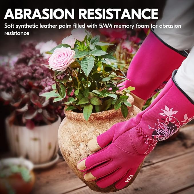 Vgo... 1-Pair Ladies' Synthetic Leather Gardening Gloves, Long Sleeves Gauntlet, Breathable & Grip Work Gloves, High Dexterity, Washable (Size L, Red, SL7445)