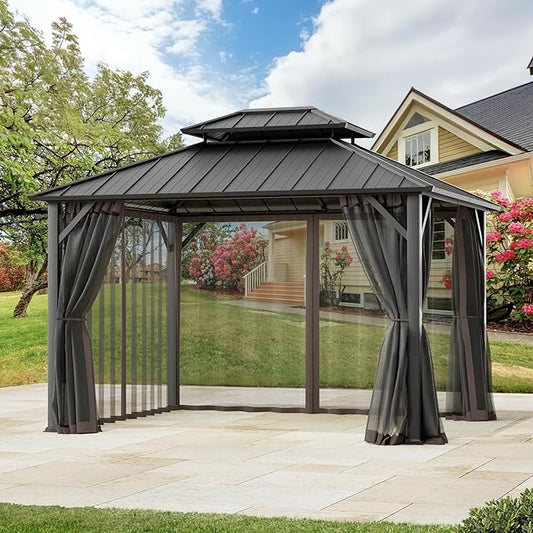 Universal Gazebo Mosquito Netting Replacement - 10' x 12' 4-Panel Screen Walls with Double Zipper for Outdoor Patio Canopy Garden Gazebos, Dark Brown and Black