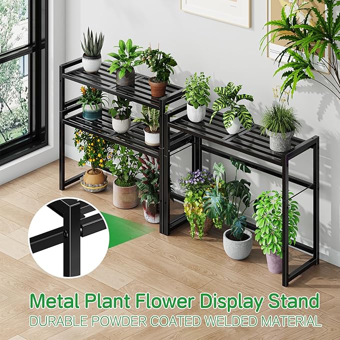 3 Tier Metal Plant Stand Outdoor Indoor, Heavy Duty Stackable Plant Shelf, Tall Waterproof Flower Pot Holder Rack for Garden, Patio, Balcony, Porch, Display Rack, Black