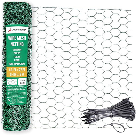 AlpineReach Chicken Wire 1.3ft x 27ft (15.6" x 324") for Floral Arrangements, Zip Ties - Green Mesh Roll Galvanized Hexagonal PVC Coated Garden Netting for Fencing, Crafts, Poultry, Gardening Fence