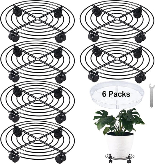 6 Packs 13 Inches Large Metal Plant Caddy with Wheels Rolling Plant Stands Heavy-duty Wrought Iron Plant Roller Base Pot Movers Plant Saucer on Wheels Indoor Outdoor Plant Dolly with Casters Planter Tray