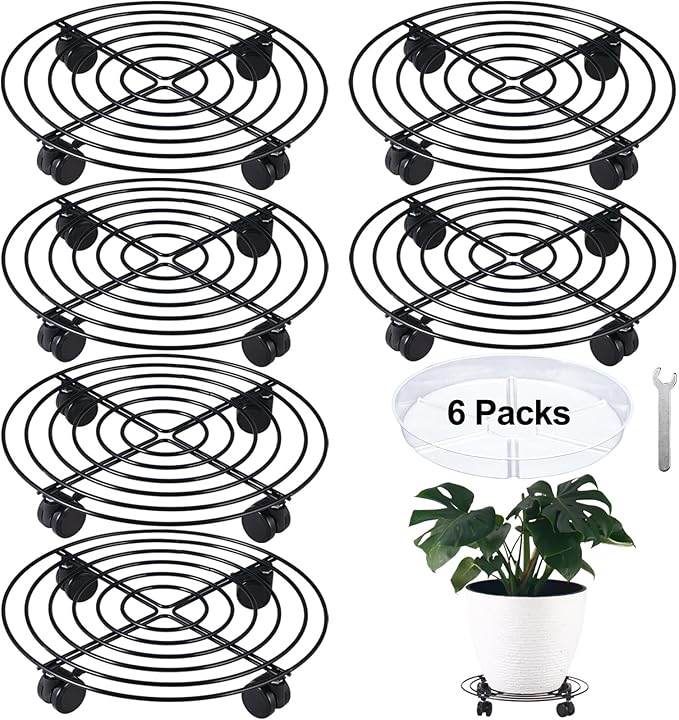 6 Packs 12 Inches Large Metal Plant Caddy with Wheels Rolling Plant Stands Heavy-duty Wrought Iron Plant Roller Base Pot Movers Plant Saucer on Wheels Indoor Outdoor Plant Dolly with Casters Planter Tray Coaster