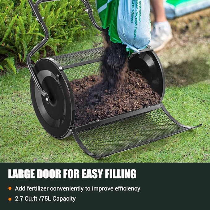 S AFSTAR 24-Inch Compost Spreader, Peat Moss Spreader with Upgrade Side Latches & U-Shape Handle, Metal Mesh Topdressing Roller for Topsoil, Fertilizer, Garden & Lawn Care Manure Spreader (Black)