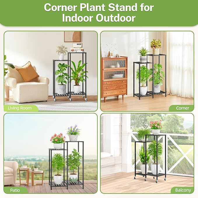 iDavosic.ly 4 Tier Plant Stand Indoor with Wheels, Metal Tiered Corner Flower Holder Shelf Outdoor for Large Pots, Tall Rolling Rack for Patio Porch Garden Balcony Living Room, Modern Black
