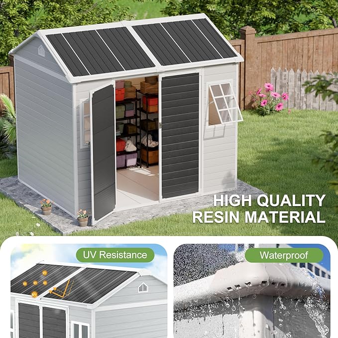8x6x7 FT Resin Storage Shed, Waterproof Outdoor Storage Shed w/Floor, 2 Adjustable Openable Windows, Double Lockable Doors & Vents, Tool Shed for Patio Garden, Lawn, Backyard, Gray