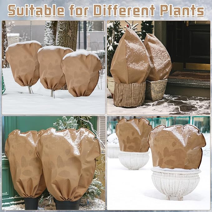 6 Pcs Winter Plant Covers Freeze Protection Reusable Plant Protector Bag with Drawstring Warm Shrubs Cover Frost Protection Planting Jacket Bags for Outdoor Garden, Brown (39.4 x 31.5 Inch)