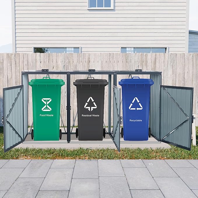 Garbage Bin Storage Shed for 3 Trash Cans Outdoor Metal Enclosure Charcoal Galvanized Steel Garbage Can Holder Concealer Hide Utility Bin Shelter Garden Yard Lawn