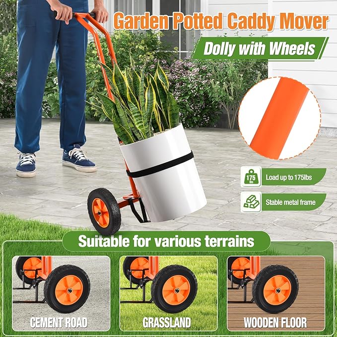 Plant Caddy with Wheels, Heavy Duty Plant Dolly Cart with Adjustable Grabbing Arm and Suction Cups for Plant Pots, Garden Pot Mover Trolley Cart with Strap, Ideal for Indoor and Outdoor Use, Orange
