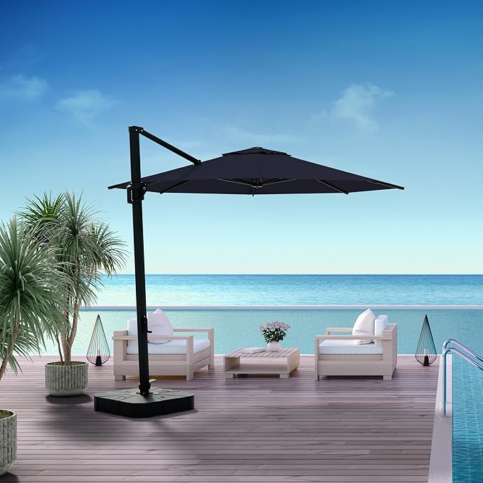 Midtown Umbrellas 10 Ft Outdoor Cantilever Patio Umbrella w/Terylast Navy Blue Fabric - Rotate Tilt 360° Offset Patio Umbrella, Deck Patio Umbrella, Backyard Umbrella & Garden Umbrella - Black Frame