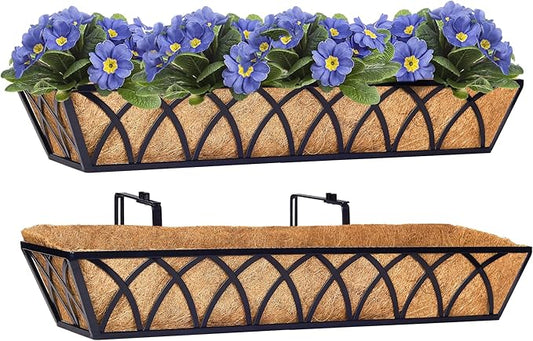 Y&M 30 Inch Window Deck with Coco Liner, Fence Metal Hanging Flower Planter Basket Deck Railing Planter Boxes for Outdoor Garden Lawn, 24" Window Boxes Horse Trough with Coconut Coir Liner,2pcs