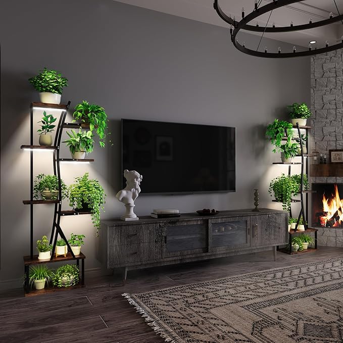 ROOMTEC Plant Stand Indoor with Grow Lights, Indoor Plant Stand with Curved Corner, 8 Tiered Plant Shelf Indoor, Tall Plant Stands Indoor for Living Room, Patio, Balcony Decor