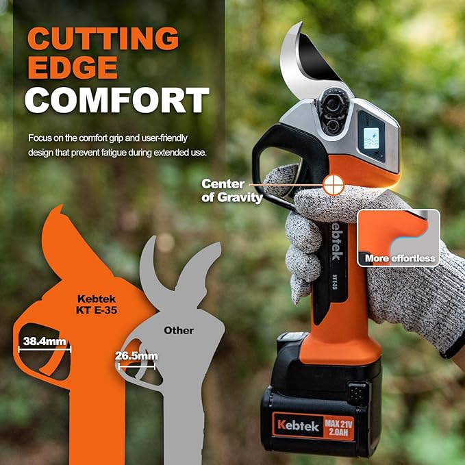 Cordless Electric Pruning Shears 35MM, Kebtek Professional Battery Pruners for Tree Trimming 18V Brushless Motor 2Pack 2AH Rechargeable Battery-LCD Display Screen (KTE-35)