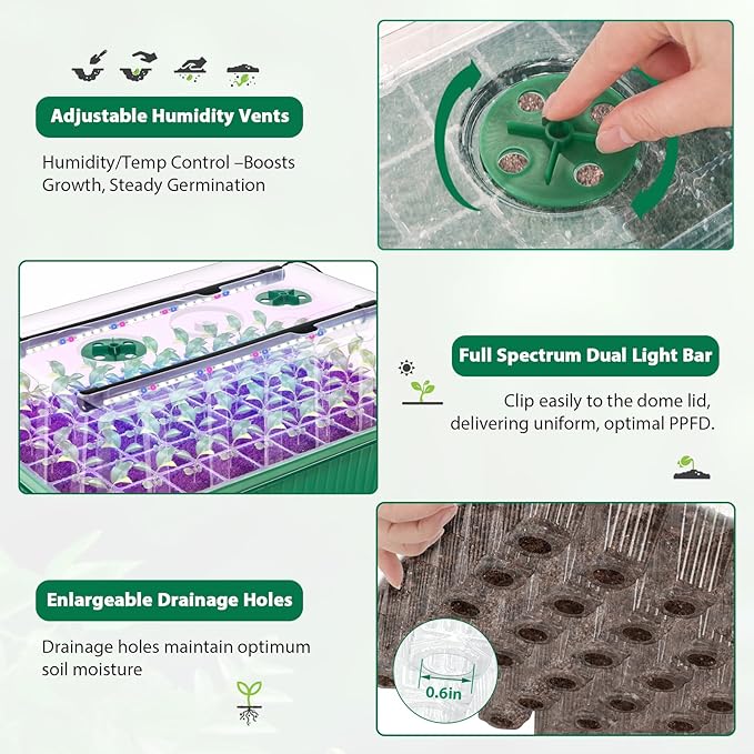 Seed Starter Tray, 60-Cell Self-Watering Seed Starter Kit with Grow Light and 4.07” Humidity Dome, Indoor Plant Starter Trays for Seed Germination & Gardening Supplies