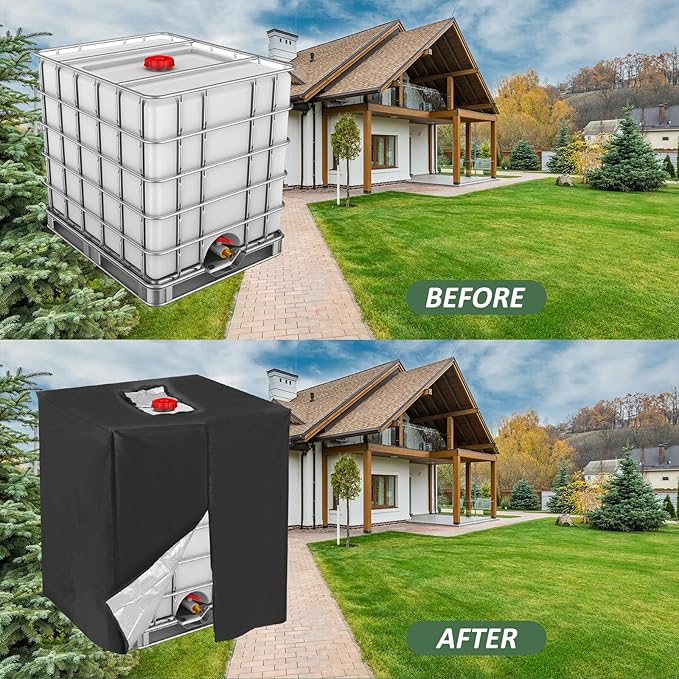 MECCANIXITY Zipper IBC Tote Cover 275 Gallon, 210D Oxford Waterproof Sunshade Rain Barrel Water Tank Protective Cover for 1000L Outdoor Garden, (39.37 x 47.24 x 45.66 Inch, Black)