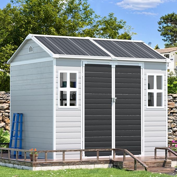 CDCASA 8x6 FT Resin Storage Shed, Waterproof Large Outdoor Sheds with Floor Included & Lockable Door, 2 Windows,Outside Plastic Tool Shed for Backyard, Patio, Poolside
