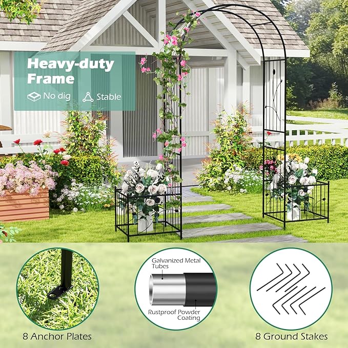 Moccha Garden Arbor with Planters - 86'' Metal Arbor Trellis for Climbing Plants, Ivy, Vines, Outdoor Archway Pergola with 8 Ground Stakes, Garden Arch for Wedding Ceremony Decoration Lawn Patio