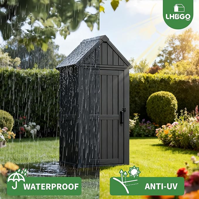 Outdoor Storage Shed with Door & Shelf, Large Capacity Weatherproof Garden Tool Cabinet with Multiple Hooks for Backyard, Patio, Lawn（Black