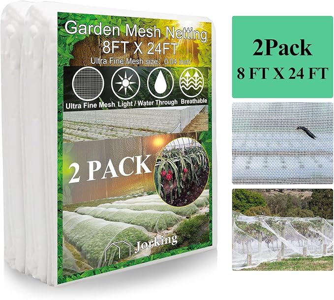 2 Pack Garden Netting 8 x 24Ft JORKING Plant Cover Ultra-Fine Garden Mesh Netting Protection from Mosquito Bird Pest Barrier Net Row Cover Protection for Plant, Fruit, Vegetable and Flowers
