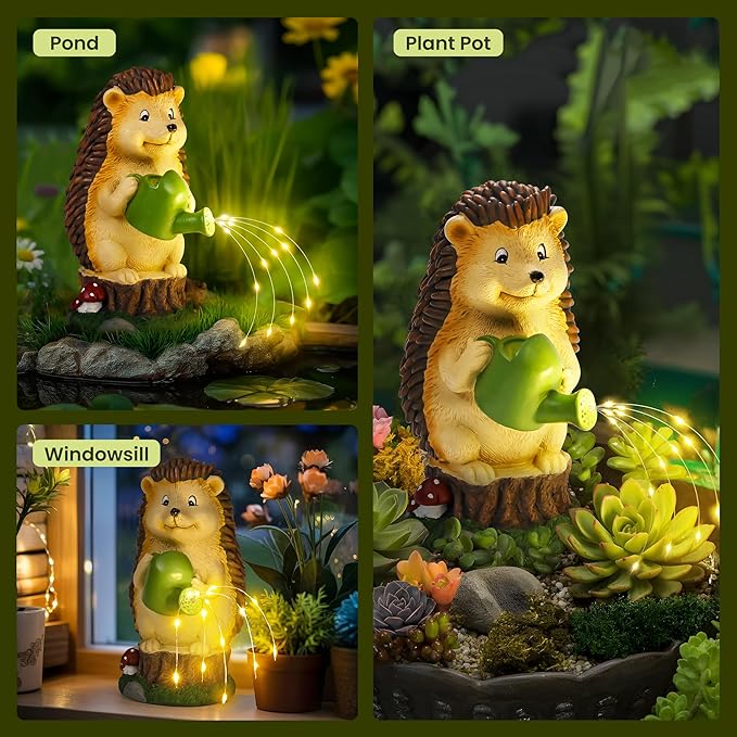 GIGALUMI Solar Garden Decor Watering Hedgehog Statues, Outdoor Decor for Yard Art Lawn Ornaments Porch Patio Balcony Home House. Birthday Gifts for Women Mom Grandma
