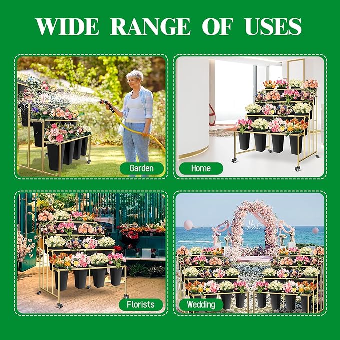 Flower Display Stand with Buckets, 4 Layers 16PCS Buckets Metal Flower Cart Display Stand with Wheels, for Patio Garden, Living Room (4 Layers Black Square Bucket)
