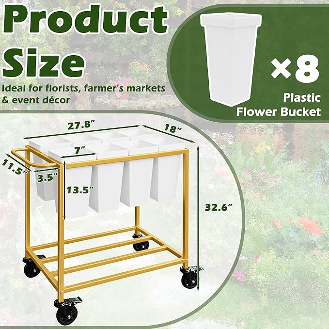Flower Cart with 8 Buckets,Flower Cart Display Stand with Wheels,Bloom Bar,Flowers Stand for Wedding ,Party and Home Decor,Gold