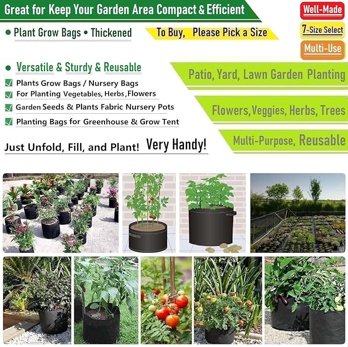 5-Pack 3 Gallon Plant Grow Bags (10x8 inch) Thickened Fabric Plant Pots Gardening Bags for Garden Pots,Plant Nursery Bag,Flower Pot,Herbs Veggies Planter Bag,Barrel Planter,Garden Containers W/ Gloves