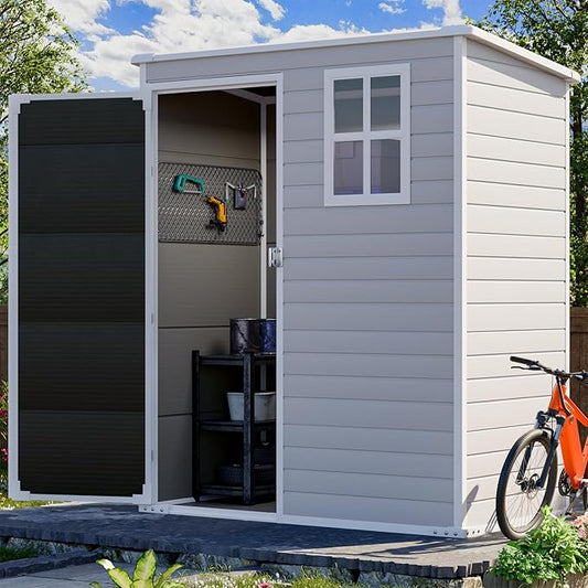 HUSFU Outdoor Resin Storage Shed 5x3 FT, Plastic Tool Shed for Bike, Garbage Can, Chicken Coop, Outside Sheds with Lockable Door for Backyard, Patio, Lawn, Light Grey