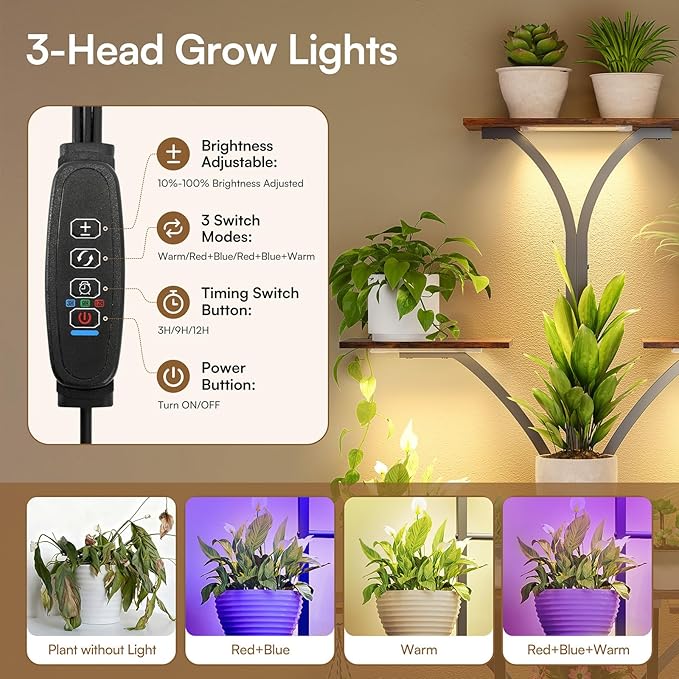 Tree-shaped 63" Tall Plant Stand Indoor with Grow Light 3 Color Modes - 10 Tiered Plant Shelf with Drawer, 10 Brightness Levels, Timer, Wide Base, Lighted Corner Plant Stands for Living Room, Balcony