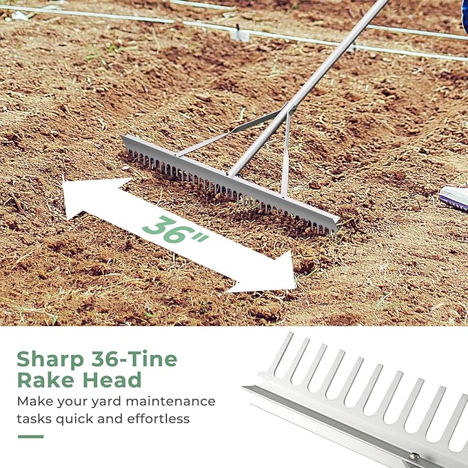 S AFSTAR 36-Inch Landscape Rake, Heavy-Duty Aluminum Rake w/ Head, 36 Tines, 68" Long Handle, Yard Rake for Loosening Soil, Landscaping Lawn Care, Garden Lake Pond Beach Care, Metal Rakes Tool
