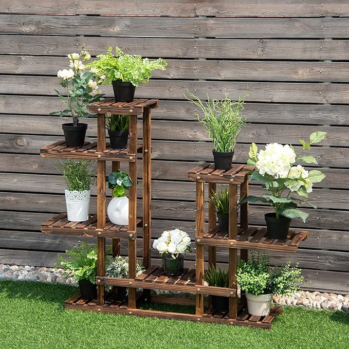 Giantex Flower Rack Wood Plant Stand 7 Wood Shelves 13 Pots Bonsai Display Shelf Indoor Outdoor Yard Garden Patio Balcony Living Room Multifunctional Storage Rack Bookshelf W/Hollow-Out Rack