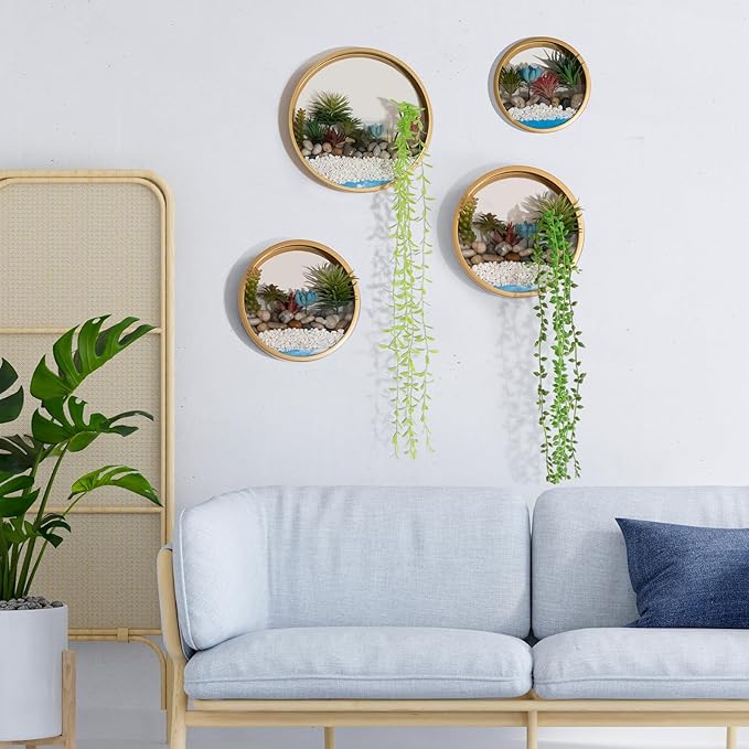 Gold Metal Wall Planter Set of 4, Indoor Metal Hanging Planter with 10Pcs Artificial Succulents Wall Decor Round Succulent Planters Air Plant Pots Container for Cactus Home Office Decor