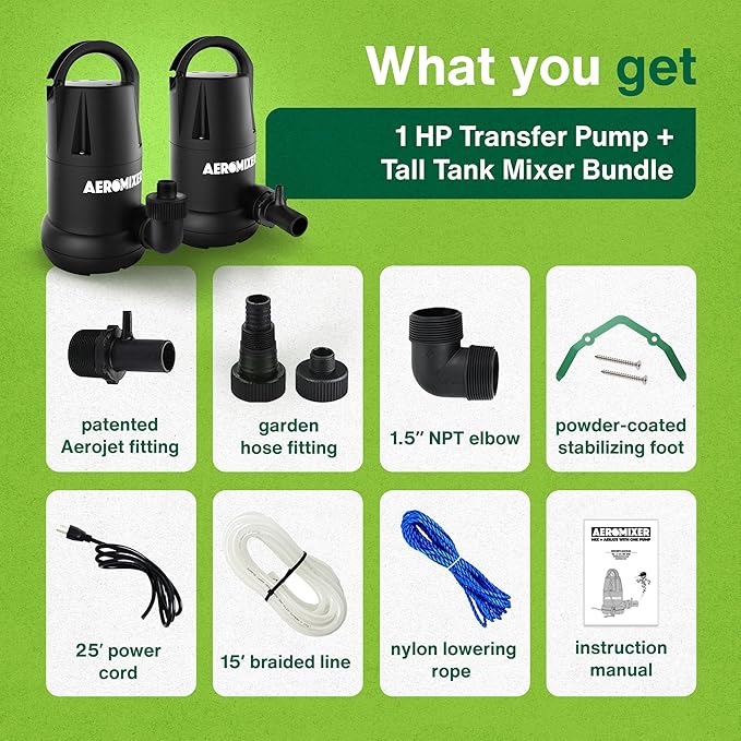Aeromixer Tall Tank 3/4 HP Submersible Mixing + Aerating Pump with 1 HP Water Transfer Pump Bundle - Water Aerator & Garden Utility Pumps, Nutrient Mixing & Aeration Pumps for Farming & Gardening