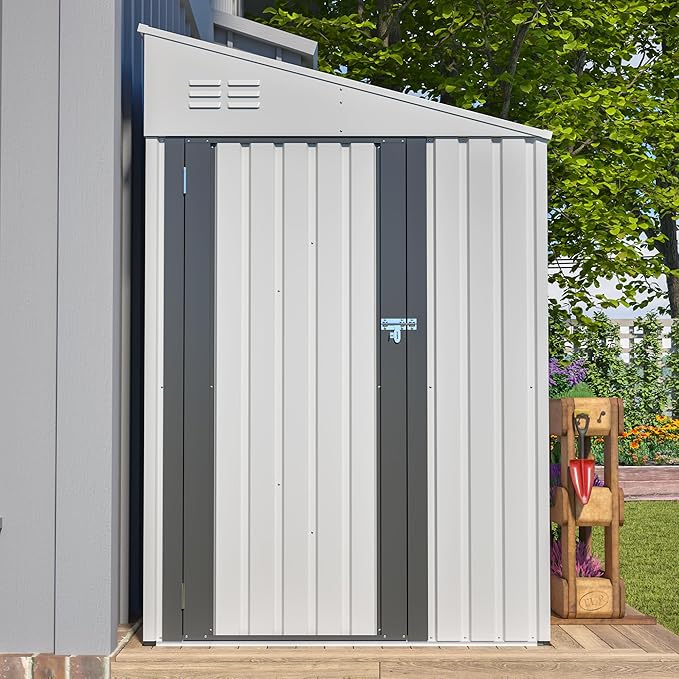 4×7 FT Outdoor Metal Storage Shed,Heavy-Duty Lean to Storage Shed with Lockable Door and Reinforced Beams,All Weather Waterproof Storage House W/2 Air Vents,for Backyard,Patio,Lawn,White