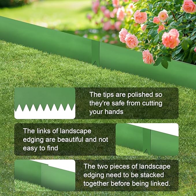 Landscape Edging Kit, Galvanized Steel Edging Landscape Lawn Edging Powder for Lawn Yard, Coated Bendable Metal Strips, No-Dig Hammer-in Edging Border w/Clips (6 INCH 6 PCS, Green)