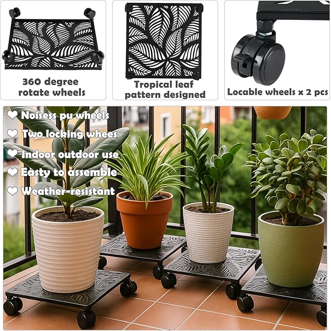 1-Pack 12 Inches Square Metal Plant Caddy with Wheels Heavy Duty Large Rolling Plant Stand Indoor Outdoor Wheeled Planter Dolly Cart with Lockable Casters Flower Pot Mover Roller Trolley, Black