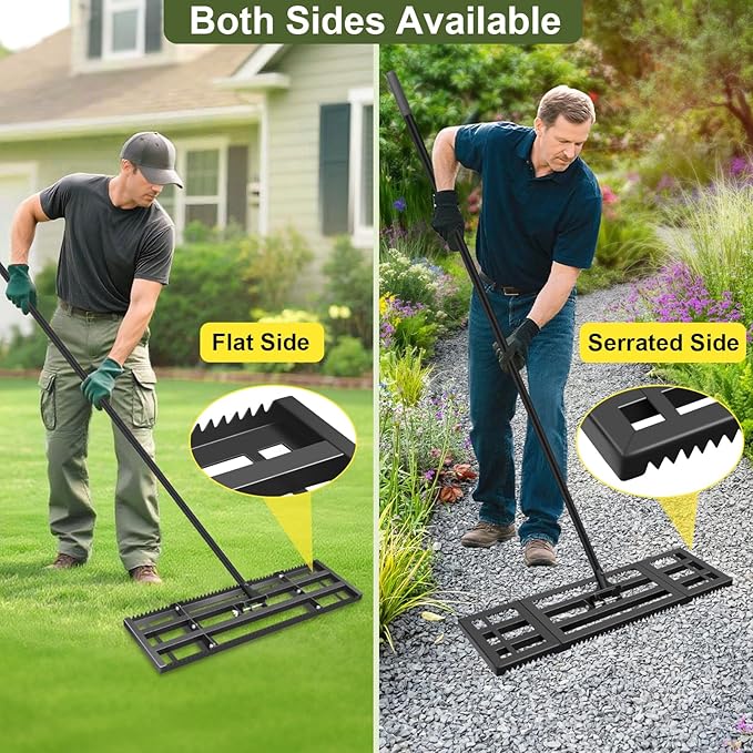 Lawn Leveling Rake-17"x10" Heavy Duty Leveler Reinforced Landscape Tool, Steel Lawn Rake with Serrated Edge & Smooth Plate for Level Soil Compost Sand Grass Dirt Yard Garden 6.5FT Adjustable Handle