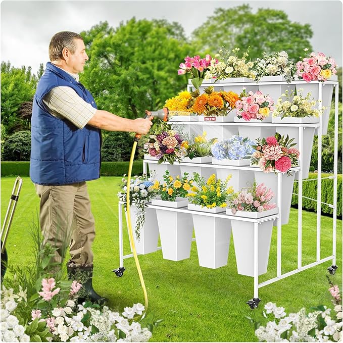 4 Layers Flower Display Stand with Buckets, 16 PCS Buckets Plant Stand with Wheels, Movable Metal Plant Stand for Terrace Garden, Living Room, Florist Shop