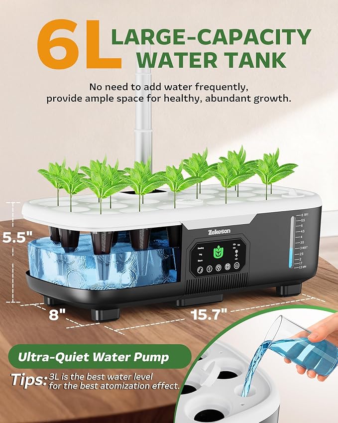 Misting Hydroponic Growing System Kit 15-Pods Indoor Smart Herb Garden Planter with LCD Touch Panel 6L Large Tank for Herb/Vegetables/Flowers/Fruits,Birthday&Christmas Gifts for Gardening Beginners