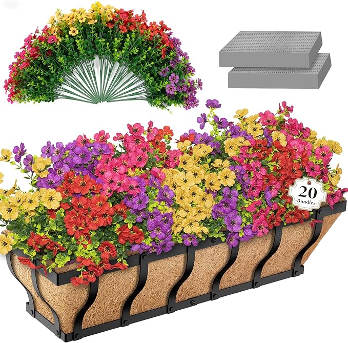 Railing Planter Boxes with Artificial Flowers, Adjustable Balcony Planters for Railing Hanging, UV Sun Resistant Colorful Daisy for Porch Patio Balcony Home (1 Pack, 24 Inch)