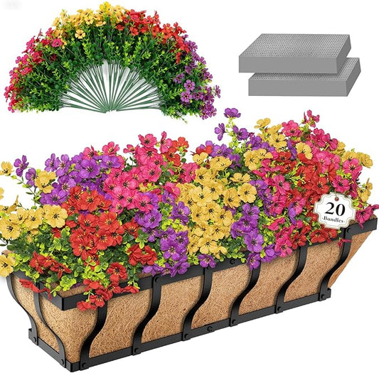 Railing Planter Boxes with Artificial Flowers, Adjustable Balcony Planters for Railing Hanging, UV Sun Resistant Colorful Daisy for Porch Patio Balcony Home (1 Pack, 24 Inch)