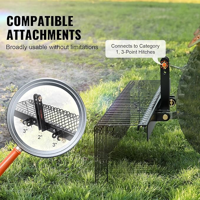 VEVOR Tow Behind Landscape Rake, 60" Tow Dethatcher with 21 Steel Coil Tines, Lawn Dethatcher Rake Attaches to 48" or 60" Toolbars and 3-Point Suspension Systems, for Leaves, Pine Needles, and Grass