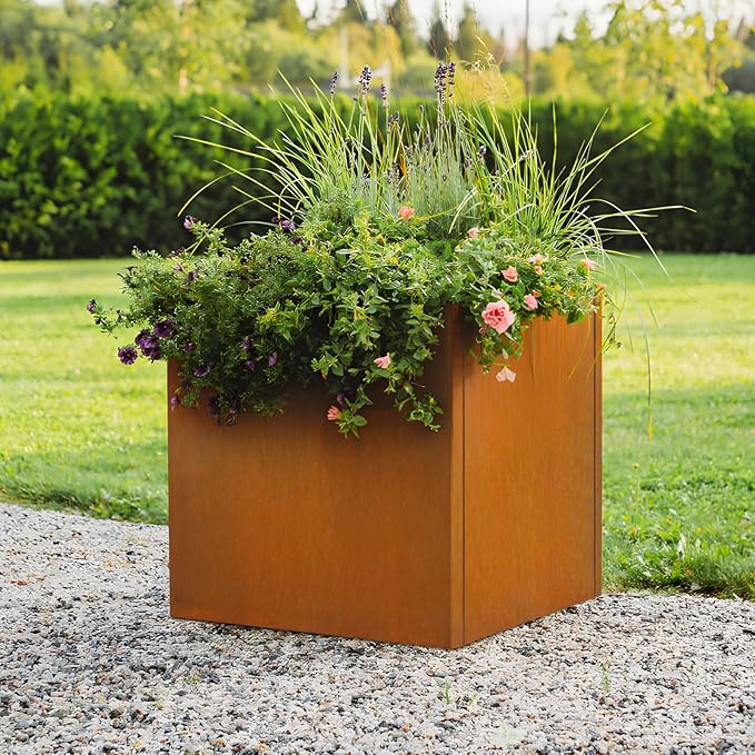 Corten Steel Planter Box 24"x24"x25", Metal Planter Spliced Flower Pot with Partitions, Outdoor & Indoor Large Rectangular Planter Box for Porch, Patio, Garden, Commercial Décor