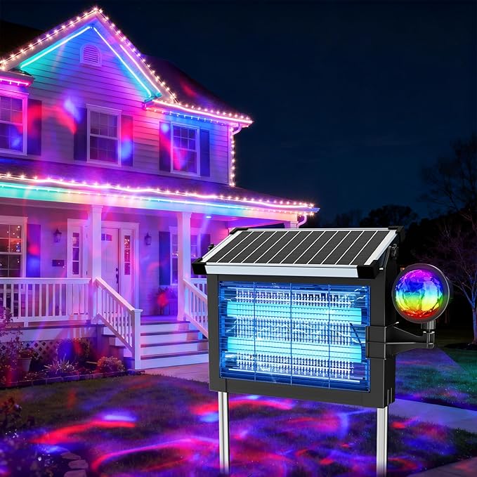 Solar Bug Zapper Outdoor with Projector Lights, Mosquito Zapper Waterproof Electric Fly Zapper Rechargeable with 10W Solar Panel, 4500V Cordless Fly Trap for Backyard, Patio, Garden, Camping