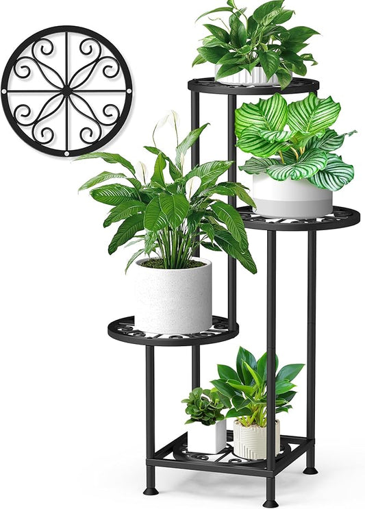 4 Tier Plant Stand Indoor Outdoor, Metal Flower Shelf Display Holder, Multiple Plants Corner Tall Flower Holders for Patio Balcony Porch Garden Living Room (Black)