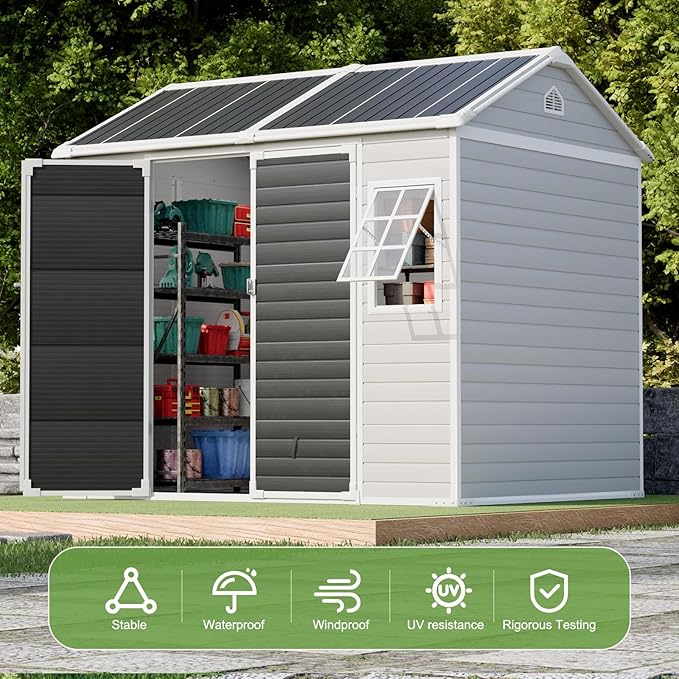 8x6x7 FT Resin Storage Shed, Waterproof Outdoor Storage Shed w/Floor, 2 Adjustable Openable Windows, Double Lockable Doors & Vents, Tool Shed for Patio Garden, Lawn, Backyard, Gray
