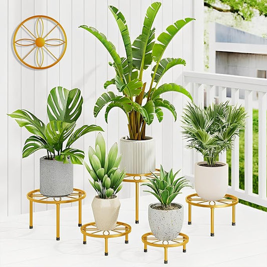 5 Pack Metal Corner Plant Stand Outdoor Indoor, Heavy Duty Flower Pots Stand for Multiple Plants, Anti-Rust Iron Plant Stands, Round Potted Plant Holder for Garden(GoldLeaf)