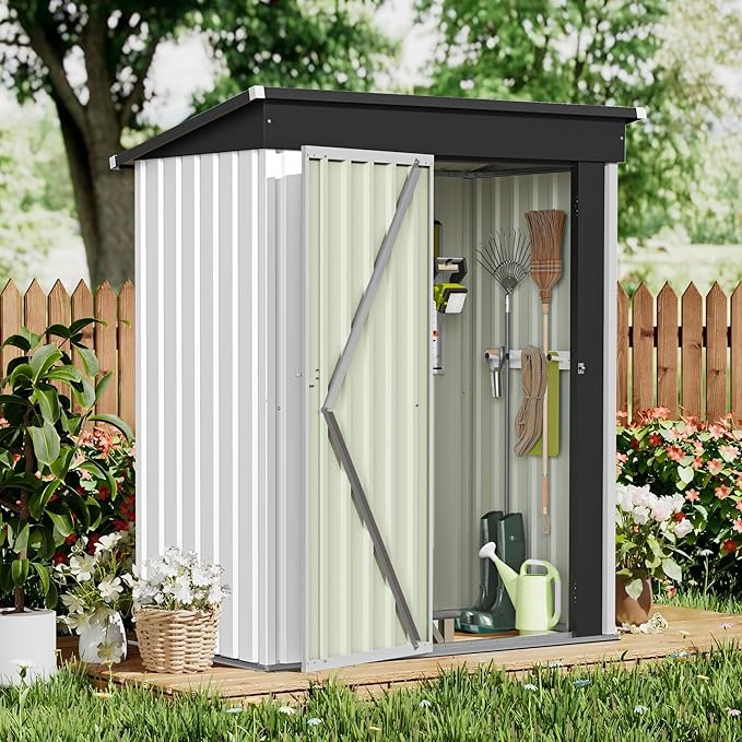 GUNJI 5 x 3 FT Shed Outdoor Storage Shed Metal Garden Shed with Lockable Door Outside Waterproof Tool Shed for Backyard, Patio, Lawn (White)